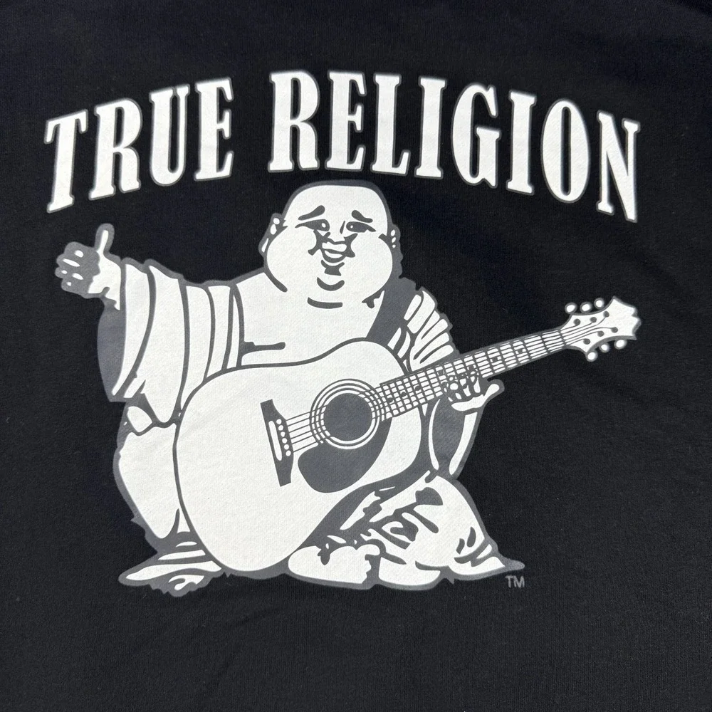True Religion Mens Black Sherpa Lined Full Zip Hoodie Buddha Guitar Large L